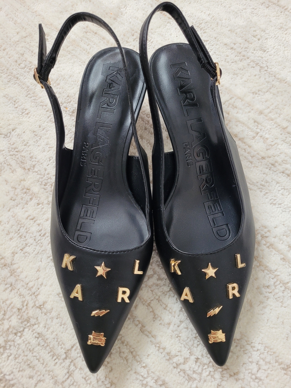 Karl Lagerfeld Black Pointed Slingback Flats with Gold Letter & Icon Accents